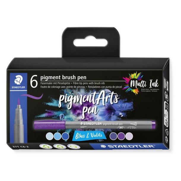 Staedtler Brush pens - Pigment arts st - assorteret farver - bl/violet - 6 stk.